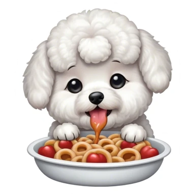 Bichon eating food sticker