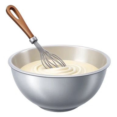 Cinematic Realistic Whisk & Mixing Bowl, a well-used metal whisk resting in a smooth ceramic mixing bowl, light reflecting off the whisk’s polished surface, subtle smears of batter along the rim, glowing with a sense of warmth and creativity. sticker