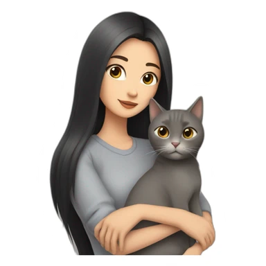 beautiful woman with dark long straight hair and brown eyes hugs a grey cat  sticker
