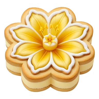 Realistic shortbread cookie in the shape of a lily flower with pastel yellow color jelly middle filling and sprinkled powder sugar on top. sticker