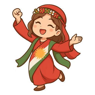 Create a colorful and cheerful Kurdish cartoon sticker in chibi style. Show the traditional Kurdish clothing and a dancing pose. The background should be transparent. Suitable for WhatsApp and Instagram. sticker