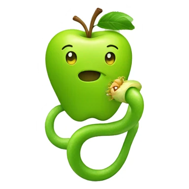 Green cheerful apple with yellow worm sticker