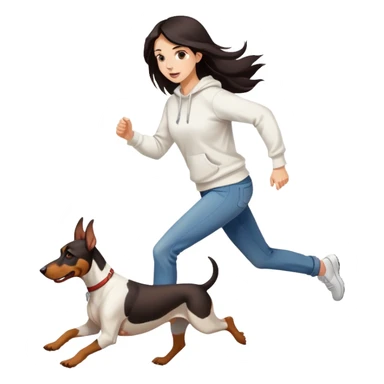 A beautiful girl with long hair wearing a white sweatshirt and jeans is running with a Doberman sticker
