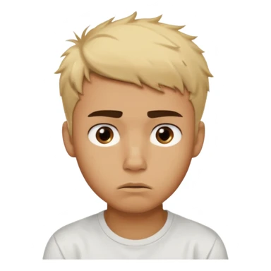 caramel skin color. Teen age. Short buzz, messy blonde hair, dark brown bushy eyebrows large expressive golden-brown eyes, brown skin color, scar over nose, wearing a plain white t-shirt. 20 year old male. Disappointed thinking facial expression. caramel skin color.  sticker