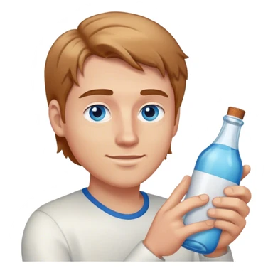 white guy light brown hair blue eyes holding bottle sticker