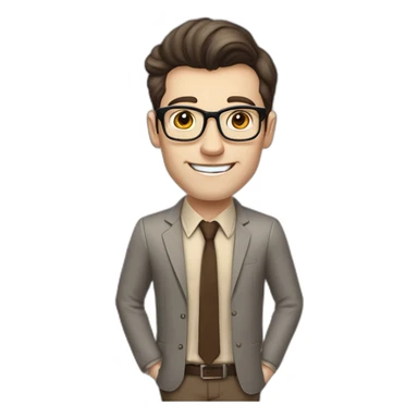 Pale skinned fit man with dark brown hair in gray jacket, beige office shirt, brown tie, brown pants and vintage glasses Writing on the flipchart sticker