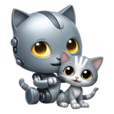 Baby robot playing with grey cat sticker