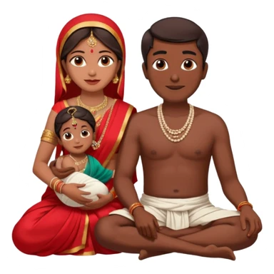 an indian bride sitting on her fathers lap. father is wearing a dhoti, shirtless and sitting on a chai sticker