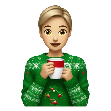 Light brown short haired girl with green eyes drinking coffee wearing Christmas sweater sticker
