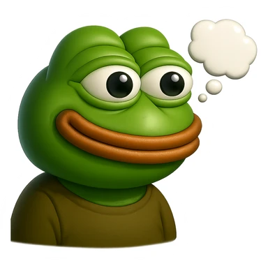 make a pepe in bright green smiling with thought bubble looking at right side in 3d style, good highlights and shadows, drop shadows sticker