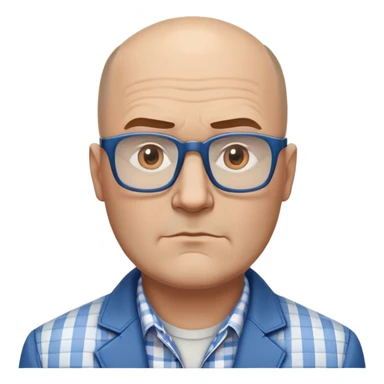 50-year-old heavyset man with very wide face and prominent square jawline. Little to no hair on the sides with some hair on top, balding pattern. Large dark square glasses. Serious-relaxed expression. Light gray jacket that fits his larger frame, white shirt with blue checkered pattern. sticker