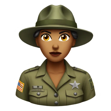 a female drill sergeant showing full torso wearing a classic sergeant hat and a camouflage army shirt. The character should have an angry intense expression.  sticker