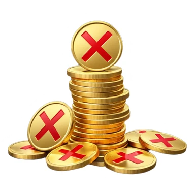 A stack of shiny gold coins without any symbols on top, crossed by a red prohibition sign (no symbol). Apple Emoji style, 3D look, soft reflections, clean white background, high-quality rendering, realistic lighting and shadow, smooth gradients, no text or logo. sticker