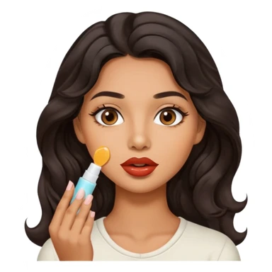 A gorgeous with black wavy hair women applying cute thin lipbalm on her brown lips sticker