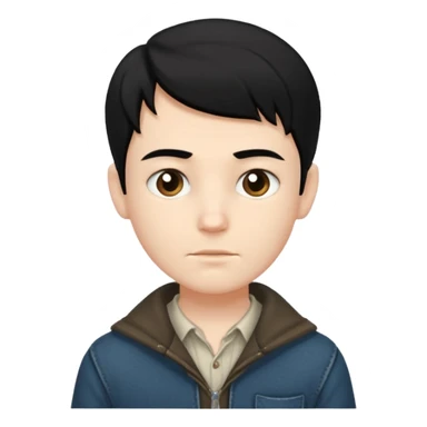A white boy with black hair, wearing old clothes and a beautiful style sticker