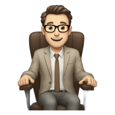 Joyful Pale skinned Fit Man With dark brown hair in gray jacket, beige office shirt, Brown pants and vintage glasses sitting In a soft chair. His thrumbs up sticker
