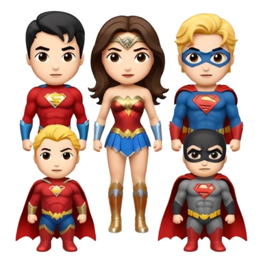 Justice League chibi versions of Flash, Wonder Woman, Superman, Aquaman, and Batman in emoji style sticker