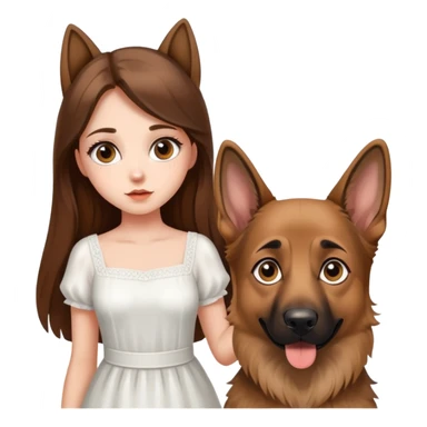 A beautiful girl with big eyes, fair skin, long brown hair with white dress and a German Shepherd dog sticker