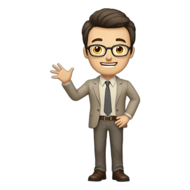 To belt Actively gesturing with hands Pale skinned fit man with dark brown hair in gray jacket, beige office shirt, brown tie, brown pants and vintage glasses. sticker