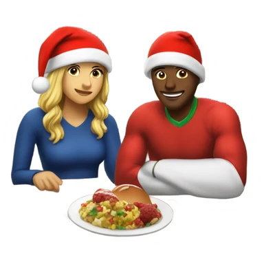 Sports emoji couple, man and woman in sportswear, sitting at the New Year's dinner table with a red Christmas hat sticker