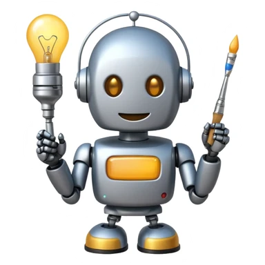 playful 2D cartoon emoji of a smiling robot holding a paintbrush with a glowing lightbulb above its head, clearly indicating AI-assisted creation, in the style of standard Slack emojis sticker