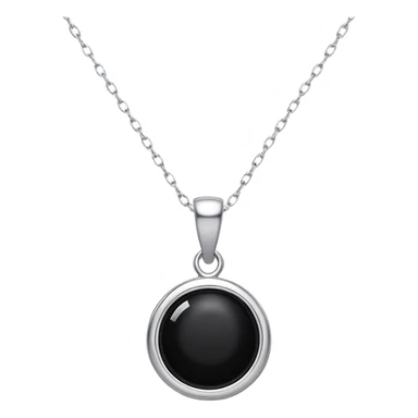 black onyx pendant with a faint white glow emerging from its center, symbolizing hidden power, on a delicate silver chain that flows like liquid sticker