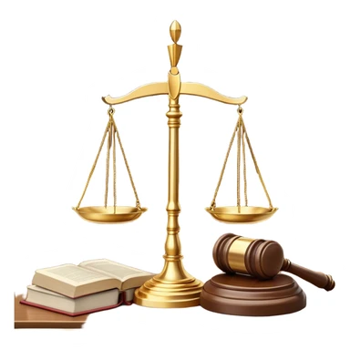 A balanced golden scale symbolizing justice, standing on a polished wooden judge's desk. Beside it, a wooden gavel rests near an open law book filled with legal texts. The background features a grand courthouse with tall pillars, exuding a sense of authority and fairness sticker