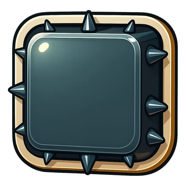 Add more short, fat spikes evenly spaced along each visible side edge of the metal slab, avoiding placing spikes on the corners. Keep the large front face blank. Maintain the retro sticker style with a transparent background. sticker