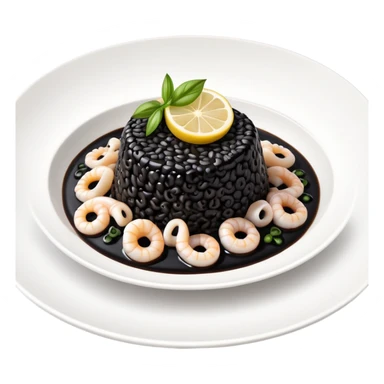 cinematic-realistic-black-risotto-dish-emoji,-showcasing-small squid pieces in black sauce -rendered-with-bold-textures-and-dynamic,-dramatic-lighting in a white plate with a grilled lemon on top sticker