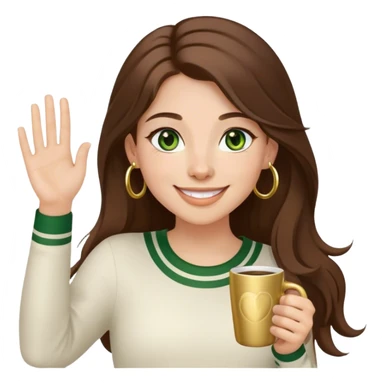 Long, Brown haired girl with middle hair part, green eyes, gold hoop nose ring, smiling, waving with one hand, coffee mug in the other sticker
