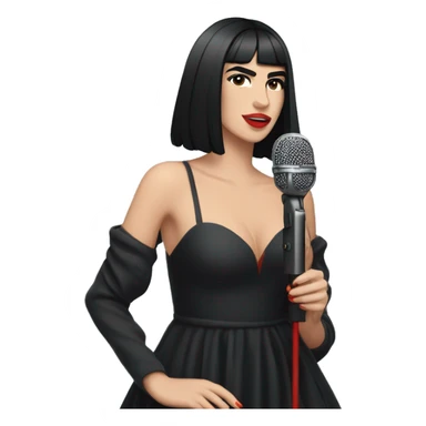 Dua Lipa, full body with black hair, wearing a long black dress with red shoes, singing with microphone in her hand sticker