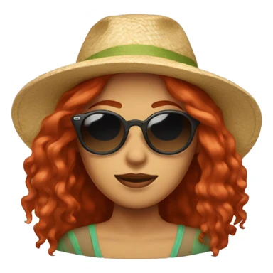 Woman with long red hair, sunglasses, and a beach hat sticker