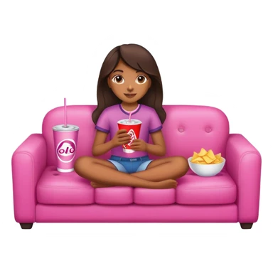 home brown girl with plate of chips and one soda drink, sitting at the pink sofa sticker