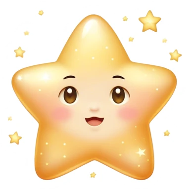 Cinematic cute sparkling star, chubby rounded edges, golden glow, tiny blushing cheeks, warm and gentle shine, twinkling softly in a pastel night sky. sticker