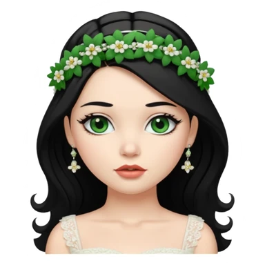 black haired green eyes very plump lips and floral bride headband that makes her hair look behind nicole peltz at wedding sticker