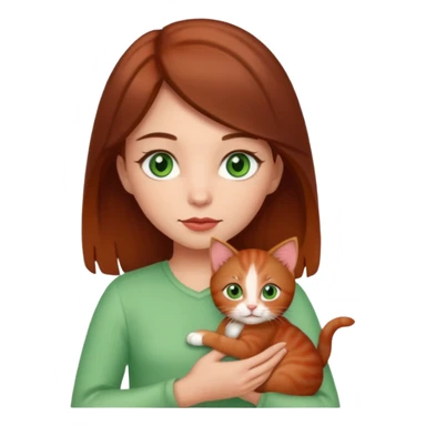 A girl with green eyes and brown hair is holding a red kitten sticker