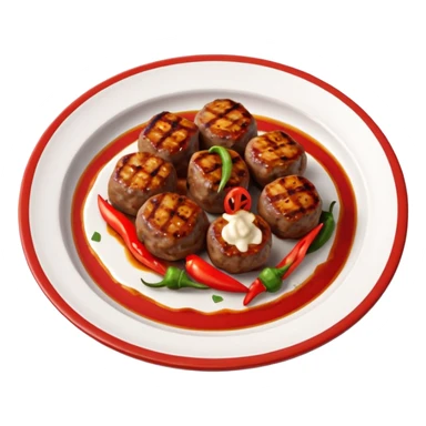 Akçaabat meatballs object icon, grilled Turkish kofte pieces on a plate, smoky char marks, juicy texture, served with grilled peppers and tomatoes, 3D cartoon, mobile game icon style, centered, clean background, no text, no watermark
 sticker