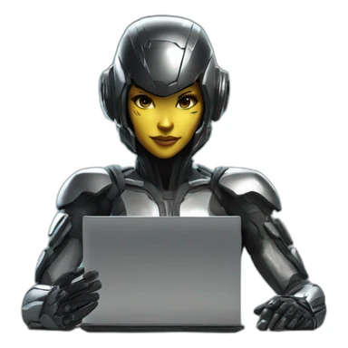Girl developer behind his laptop with this style : Crytek Crysis Video game with nanosuit character hacker themed character sticker