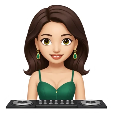 pretty bratz genmoji that looks like tamannah bhatia (bollywood actress), wearing a dark green sweetheart neckline top, dark brown hair, light makeup, no necklace, dangly earrings, side hair part, dark brown eyes, djing sticker
