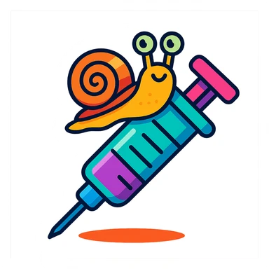 a playful syringe with a snail crawling on it, vibrant toon style, fun and colorful sticker