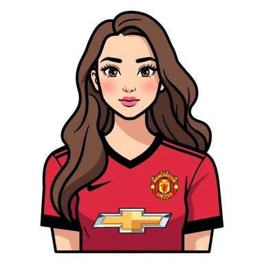Cute girl with long straight brown hair, brown eyes with mascara, makeup, wearing a Manchester United red football kit sticker