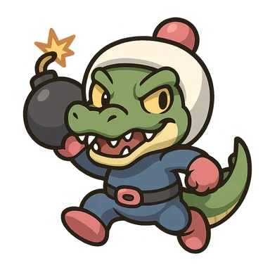 A crocodile character inspired by Bomberman, featuring a white helmet, blue suit, and a mischievous expression, ready to throw a bomb sticker