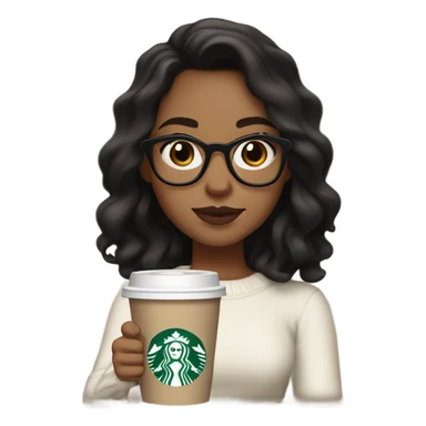 Tan girl with black wavy hair, dark brown eyes full lips holding a cup of Starbucks wearing a white sweater with glasses sticker