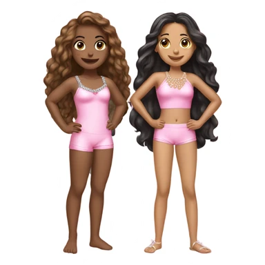 two teenage Latina best friends wearing pink. Long hair. Pink bows. Pearls. Light pink. Diamonds outfits. Two piece swimsuit sticker