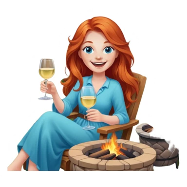 Laughing redhead with long hair and blue eyes holding white wine sitting in chair beside fire pit in backyard sticker