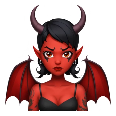 Demon girl, entire skin solid red, black hair, horns, bat wing, black dress, tattoo-flash comic. sticker