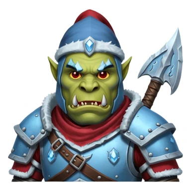 
Fantasy Christmas orc legion soldier icon, iron tundra army theme, heavy winter armor, disciplined brutal look, icy blue steel armor with deep crimson accents, frozen metal texture, cold winter atmosphere, clean readable emoji style
 sticker