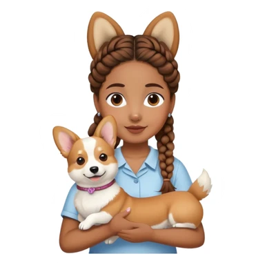 A girl with brown braided hair is holding a white corgi sticker
