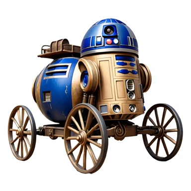 Old American West tarnished R2D2 bounty policeman in 1854 delicately ornate rosegold accents painted buggy buckboard wagon powered by electric motors and batteries with safety features and belts flying rapidly across rough dusty terrain stable on strong agile futuresteampunk suspension and steering  sticker