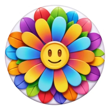 A round hippie colored button with rainbow colored flowers in the center sticker